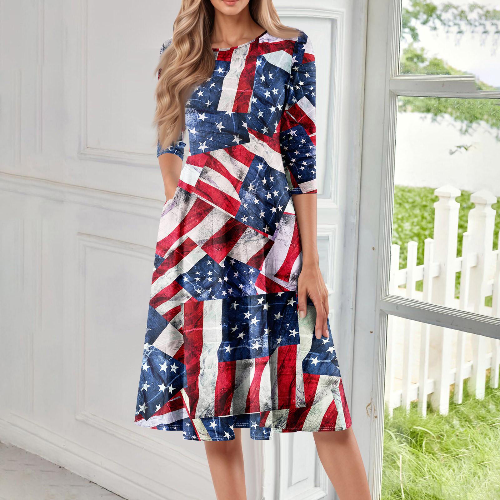 

Женское повседневное модное платье миди с круглым вырезом и рукавом три четверти с принтом «День независимости» XL синий