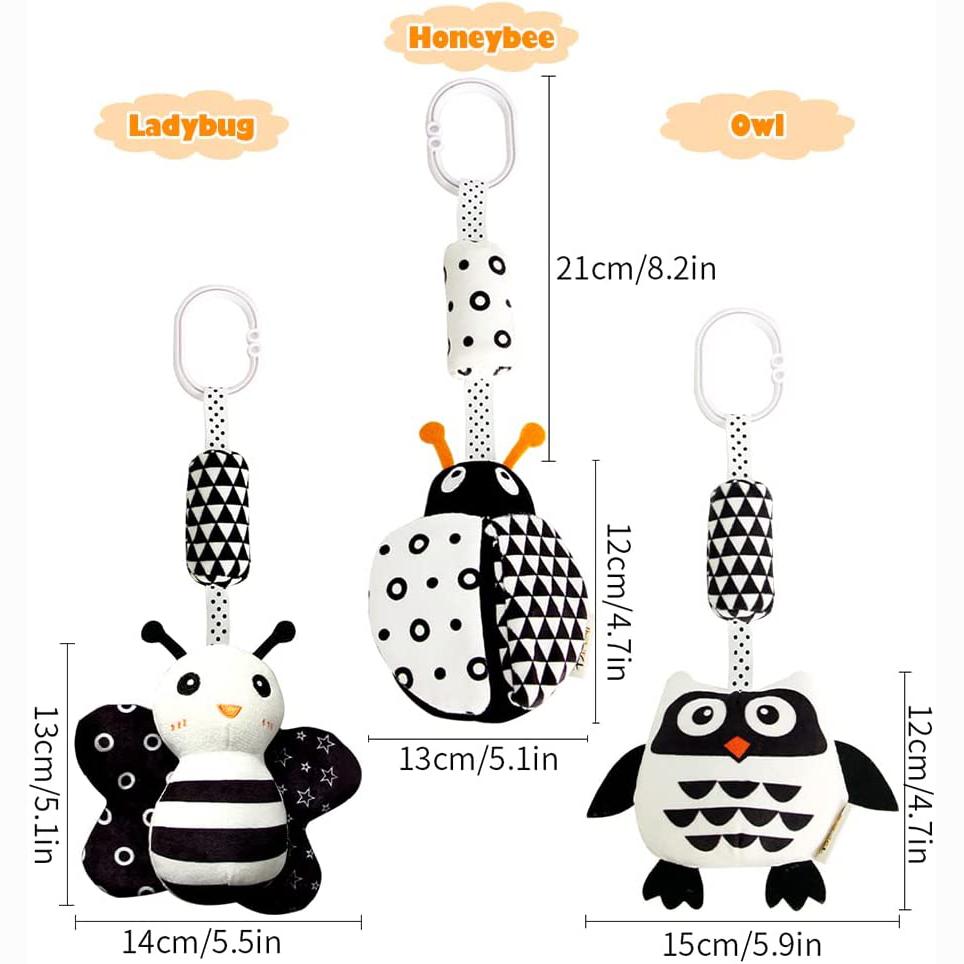 3 Pack Hanging Rattle Toys,Cartoon White Black Stuffed Stroller Plush Toys for Newborn 0-18 Month Baby Bed Crib Toys with Wind Chimes (Zebra,Deer&Cow)