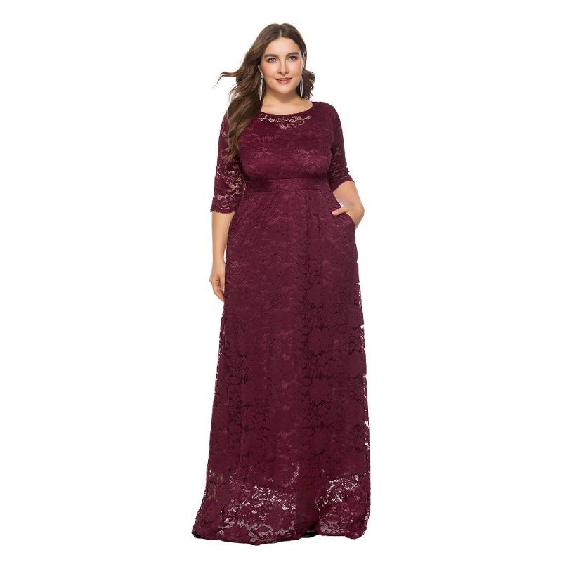 Trendig Plus Size Spetsad Kvällsklänning med Fickor och Urskurna Korta Ärmar