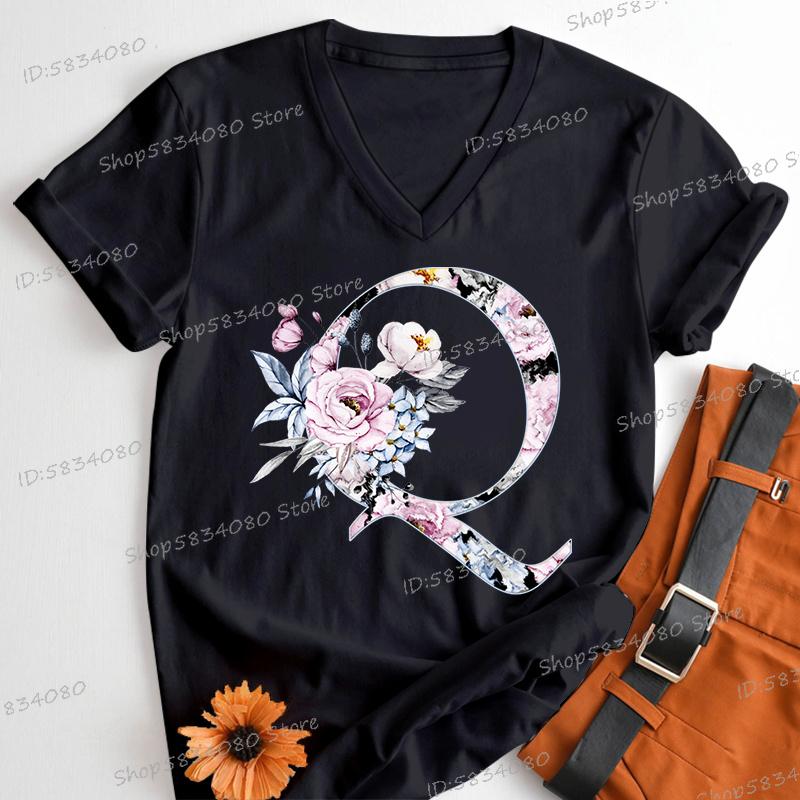 Womens Clothing AZ 26 Alphabet Flower Vintage Design Tshirts Retro Birthday Gift for Women Floral Letters A B C D Classic Top