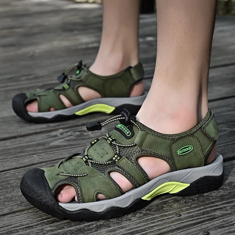 Summer Men's Sandals Classic Genuine Leather Sandals Fashion Outdoor Hiking Shoes Light Breathable Non-slip Sneakers 38-48
