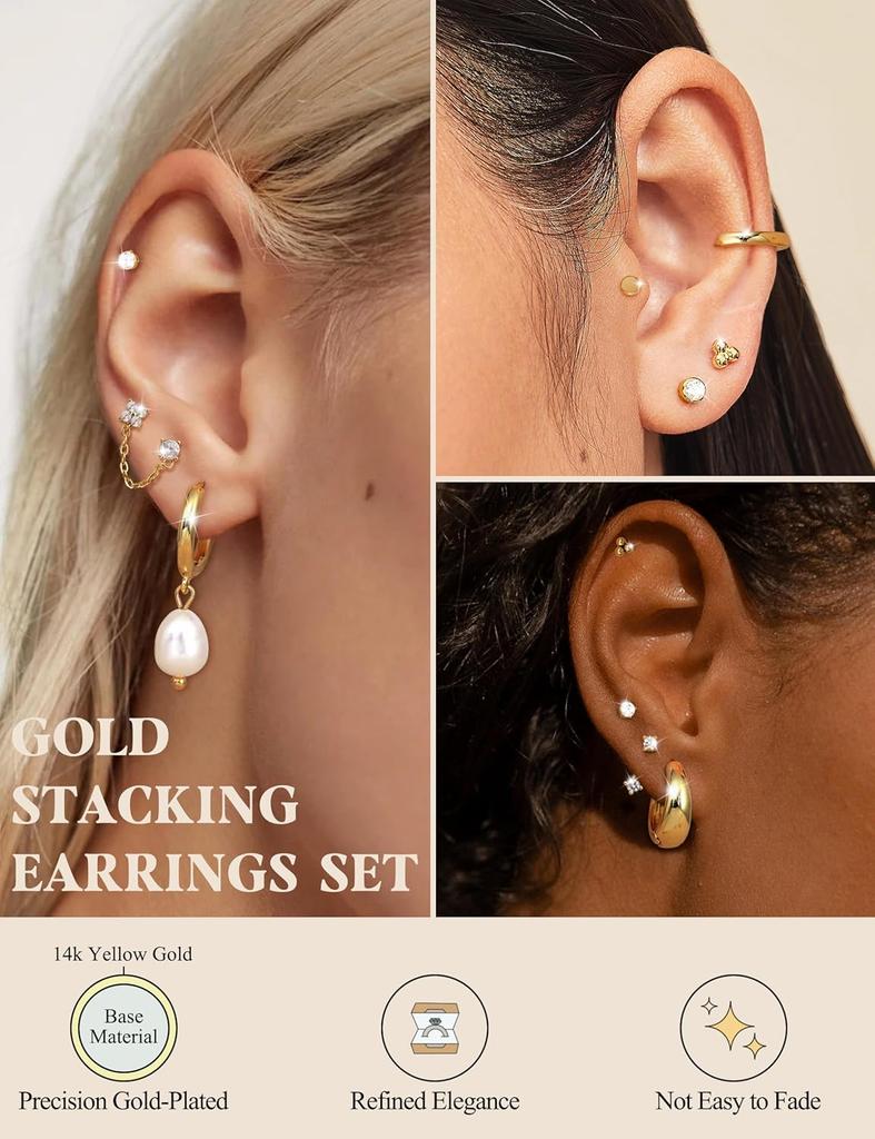 Bobisty Surgical Stainless Steel Flat Back Earrings for Women Cartilage Earring Stacks 14K Gold Plated Hoop Stud Earring Sets