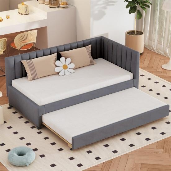 90x200cm Velvet Fabric Upholstered Bed with Pull-out Bed Headboard Line Texture Strong Wood Slat Support Bed Home Furniture, Grey