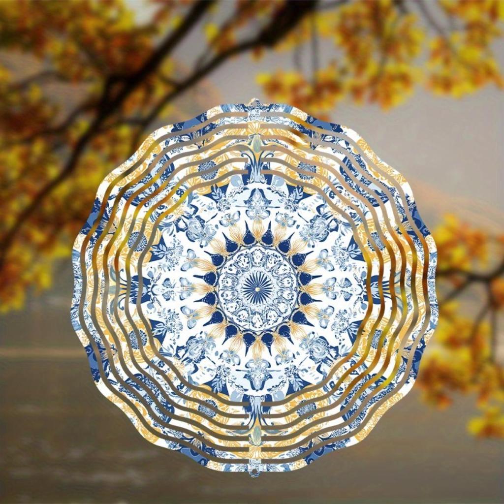 Blue and Golden Mandala Metal Wind Chime Handcrafted Outdoor Garden Decor with Intricate Floral Design Golden Accents Durable Wind Chimes