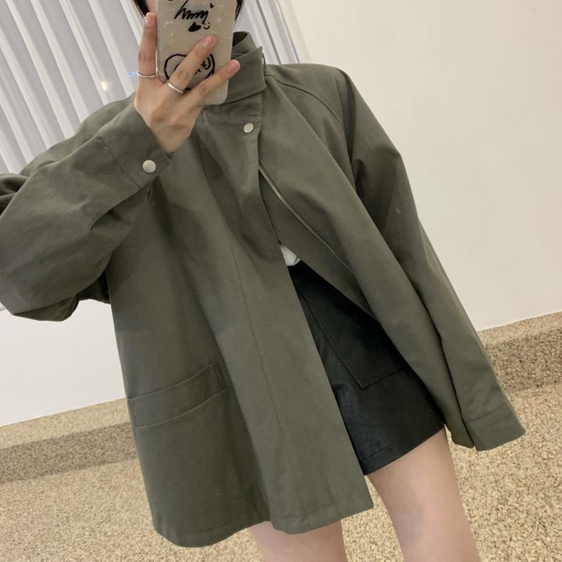 Korean chic autumn niche retro stand-up collar cape design big pocket loose versatile long-sleeved trench coat women