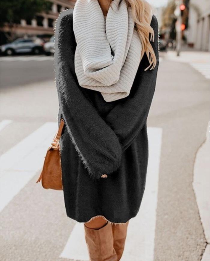 2025 Women's Autumn/Winter Mid-length Long Sleeve Round Neck Loose Plush Dress