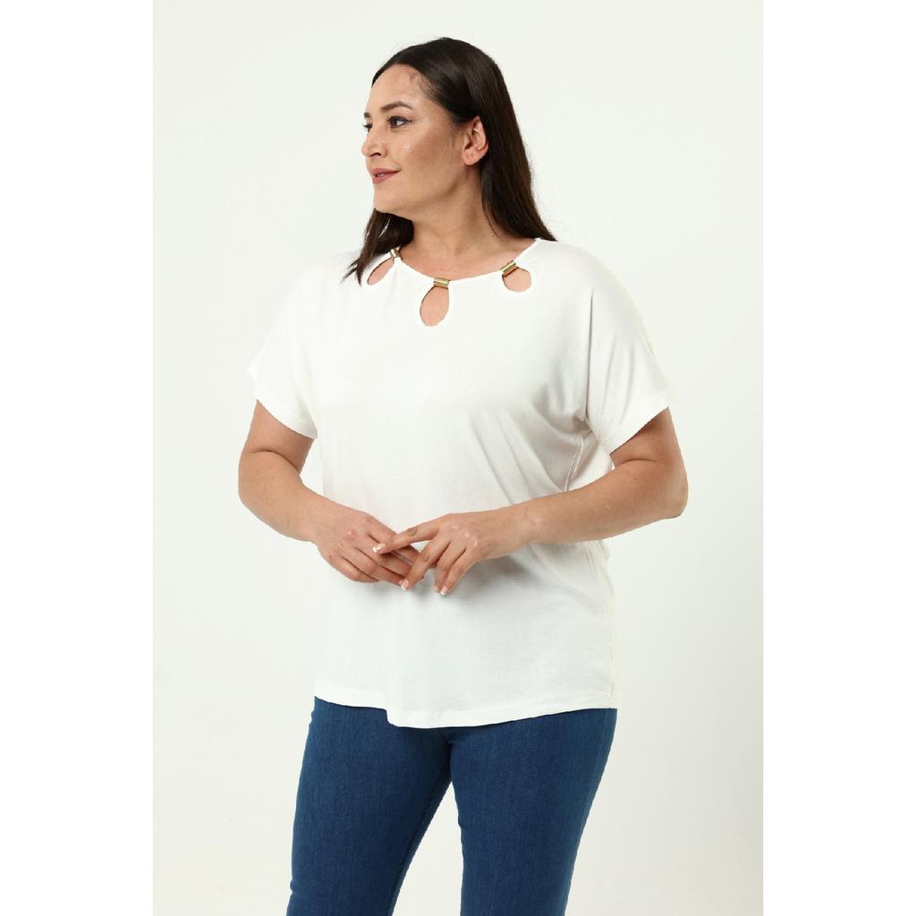 Plus Size Comfort Model Stylish Collar Detailed Cotton Curve Short Sleeve Summer Evening Dress Tunic T-shirt