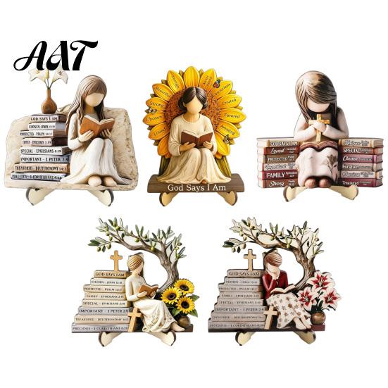 Exquisite Desktop Figurine Decor Wooden Reading Girl Figurine, Stable Pastoral Style Statue Decorative for Desk Decor, Artistic Healing Ornament,