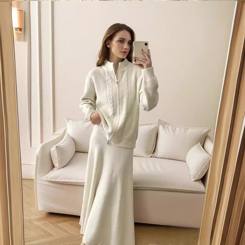 Lounge-Sets für Damen, 2-teilige Outfits, langärmlige Strickjacke mit Reißverschluss, Pullover, Oberteile, figurbetonter Rock, Trainingsanzug, grober Herbst-Winter-Sweatsuit für Frauen