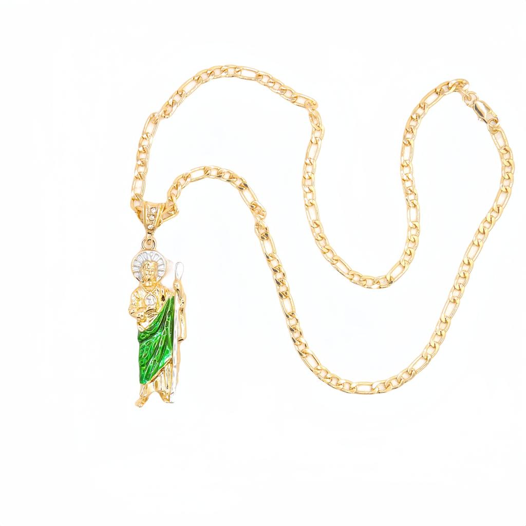 Green St. Jude Pendant Necklace - St. Judas San Judas Tadeo Figaro Chain Catholic Saint Zircon for Men Women