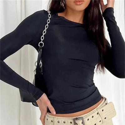 Slim Long Sleeve Women's Autumn Fashion T-shirt Short Solid Color Round Neck Can Be Worn On The Bottom or Outside