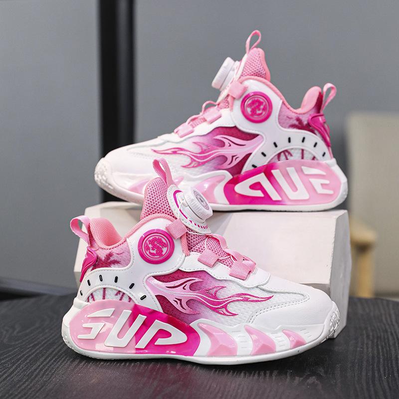 Children's Basketball Shoes Men's Rotary Buckle Sports Shoes Friction Sound All Seasons Through Mesh Breathable Lightweight Training Shoes Women