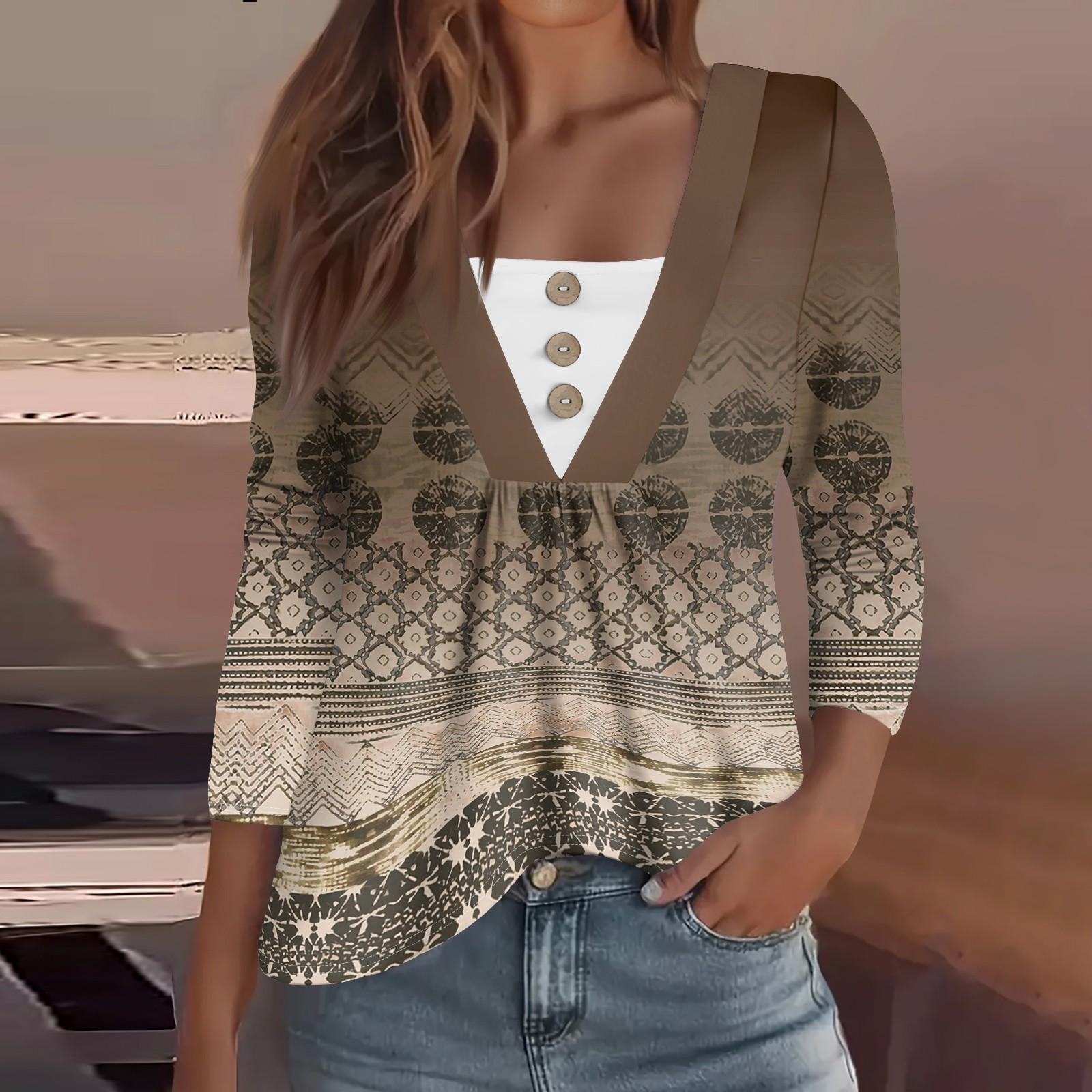 

Женская модная повседневная рубашка с длинным рукавом, геометрическим принтом, пуговицами, V-образным вырезом L верблюд