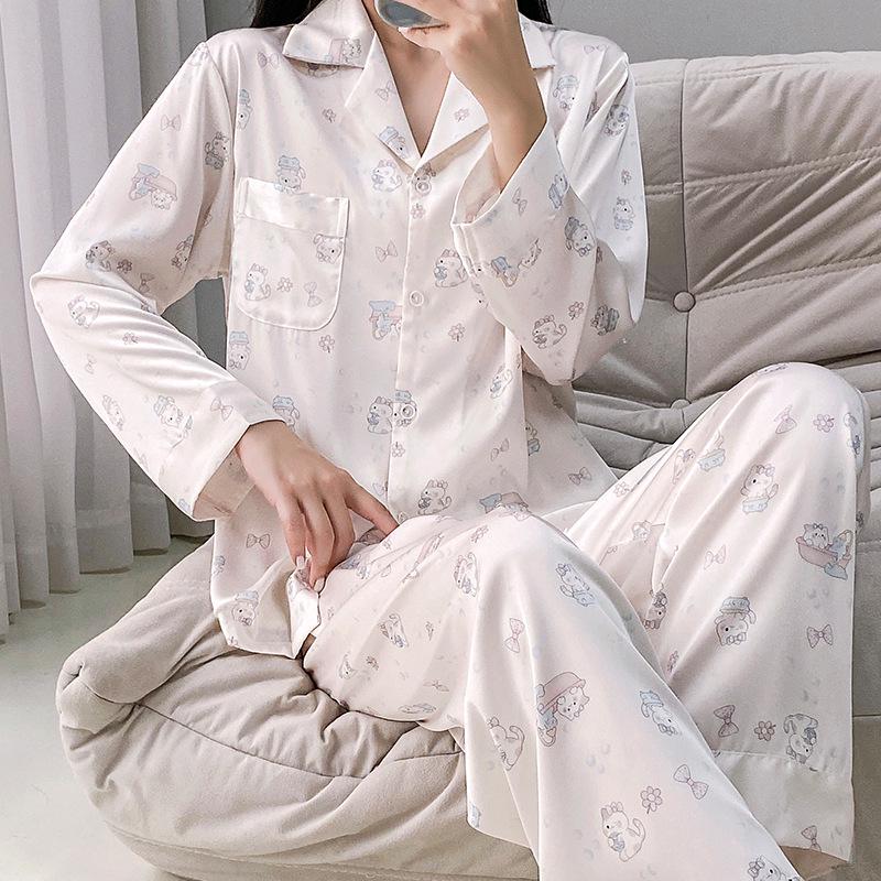 Women's Autumn/Winter Ice Silk Cartoon Pajamas, Korean-Style Sweetheart Set - Long Sleeve & Pants