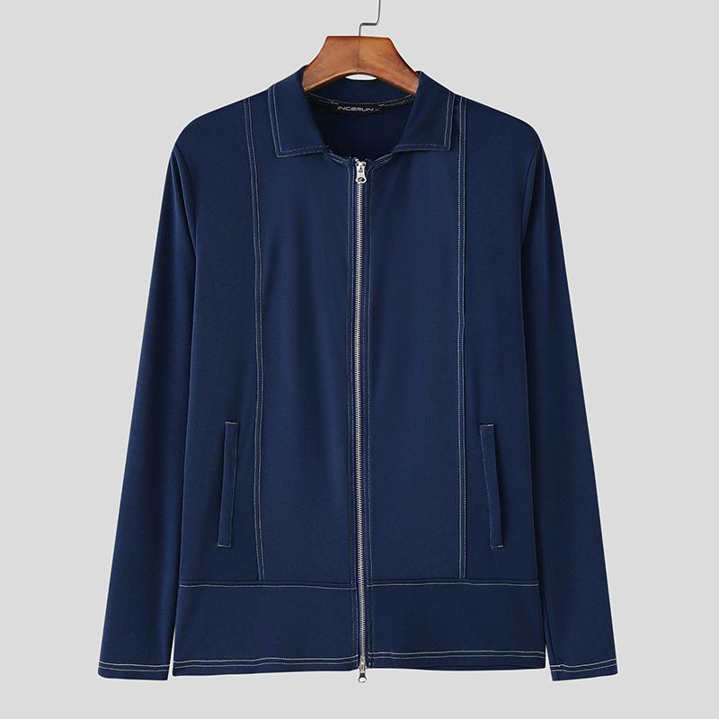 INCERUN Men Lapel Neck Long Sleeve Zipper Splits Fitted Casual Tops T-shirts S темно-синий