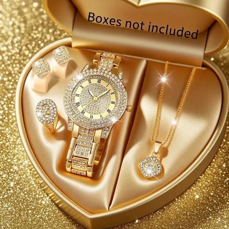 5Pcs Ladies Watch Set, Stylish Casual Ladies Quartz Watch And Necklace Ring Earrings Jewelry Set