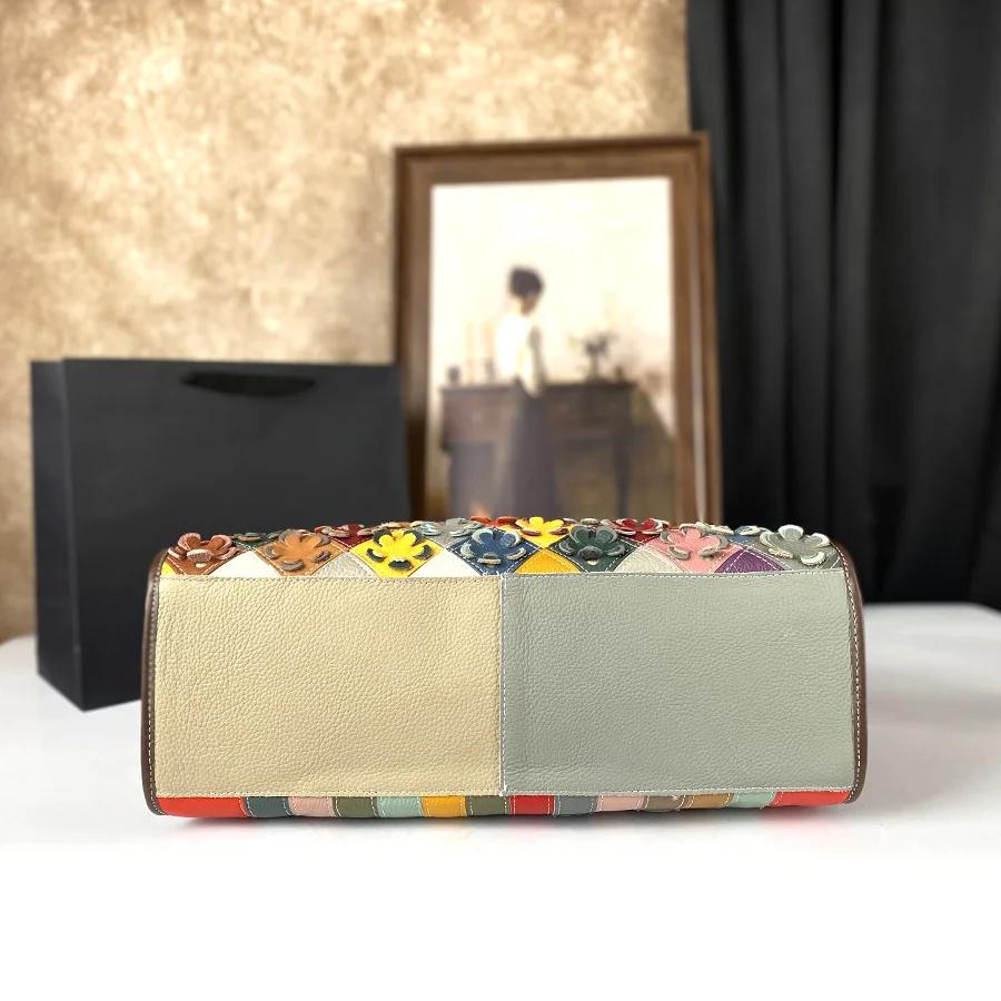 New Tote Women'S Handbag, Large Capacity Genuine Leather Flower Shoulder Bag, Cowhide Commuting Crossbody Bag