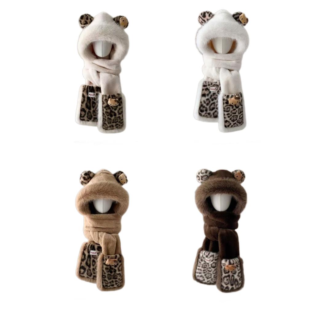 Plush leopard print bear ears hat scarf integrated women's autumn and winter warm hooded scarf hat three-piece set