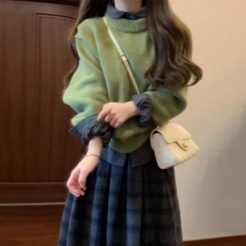 Luxury Petite French Knitted Green Sweater Dress for Women - Autumn/Winter 2024