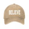 Believe Distressed College Lettering Typography Design Washed Baseball Cap Outdoor For Womens Unisex FeUnisex