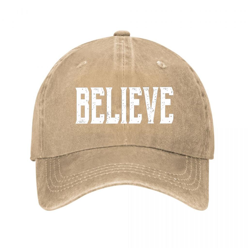 Believe Distressed College Lettering Typography Design Washed Baseball Cap Outdoor For Womens Unisex FeUnisex