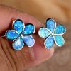 Cute Plumeria Flower White Blue Opal Water Drop Stone Stud Earrings For Women Vintage Silver Color Wedding