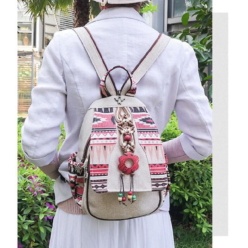 Handmade Retro Backpack Women's Vintage Canvas Backpacks National Style Geometrical Printed Bag Female Simple Travel Backpack