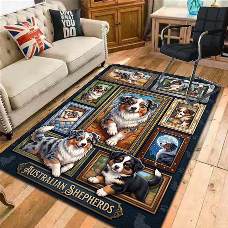Australian Shepherd Portraits Pattern Rug Floor Mat for Living Room or Bedroom Soft and Comfortable Carpet a Gift for Birthday and Holiday.