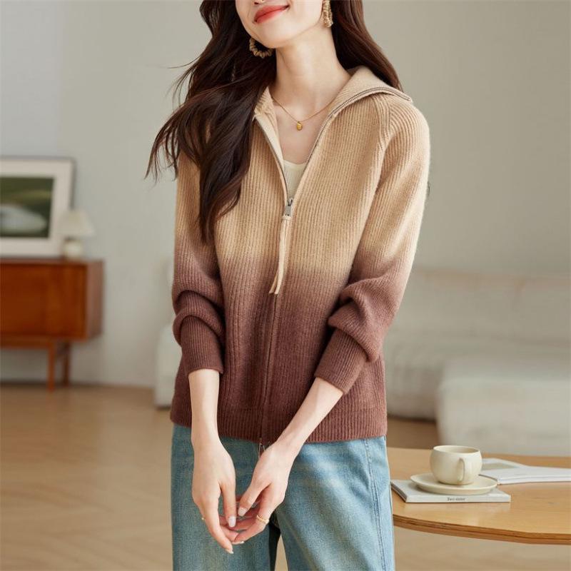 Gradient Knit Women's Cardigan: Autumn/Winter Zipper Sweater - Chic, Versatile Outerwear