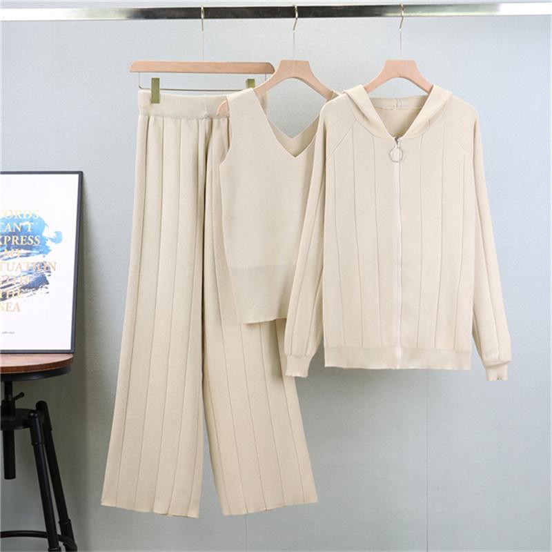 

Осінньо-зимовий в язаний комплект Жіночий повсякденний модний кардиган на блискавці, майка, широкі штани, набір з 3 предметів One Size абрикосовий