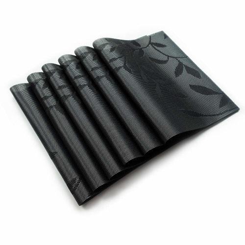 excovip Black Leaf Pattern Placemats, Nordic Style, Minimalist, Woven, Oil-Resistant, Non-Slip, Insulated, Washable, Rectangular, Imitation Linen PVC