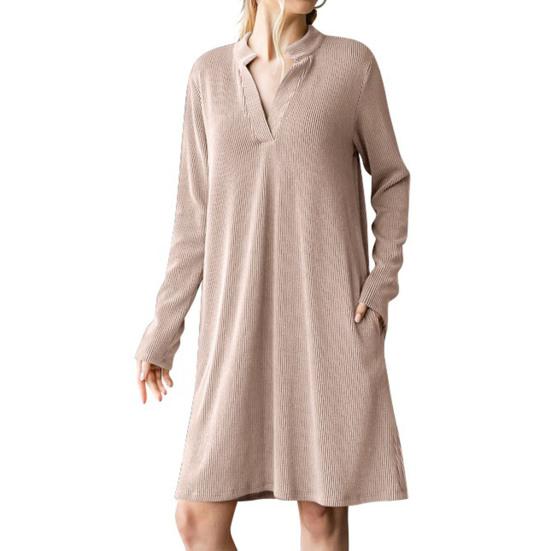 Women's Fall Winter Ribbed Knit Dress Casual Long Sleeve V Neck Mini Dress Loose Pullover Sweater Dress with Pockets