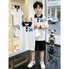 Korean Style Boys' Cotton Lapel Short-Sleeve T-shirt Set - Summer Casual Patchwork Polo