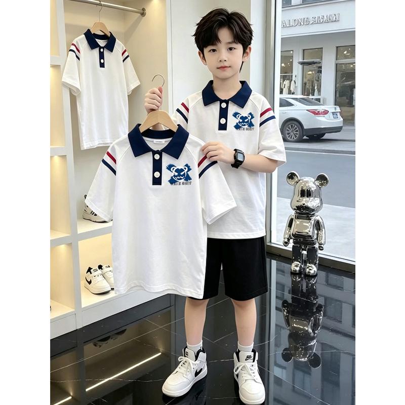 Korean Style Boys' Cotton Lapel Short-Sleeve T-shirt Set - Summer Casual Patchwork Polo
