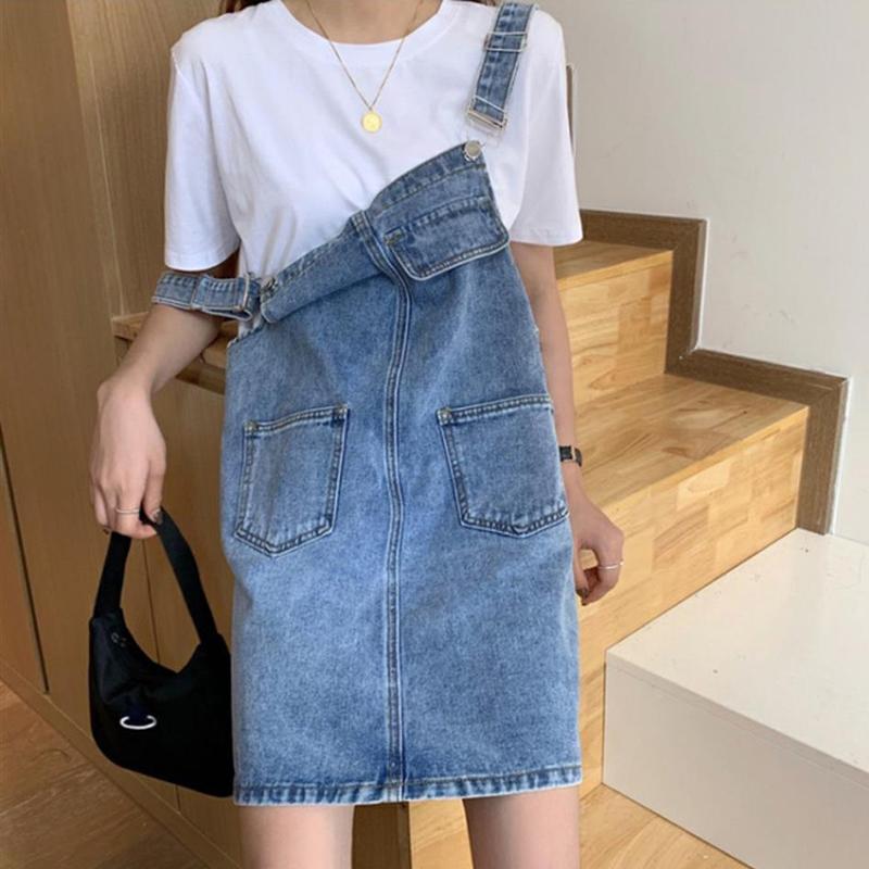 

Rimocy Summer Denim Overall Dress Women Korean Sleeveless Jeans Dresses Female Casual Loose Spaghetti Strap Mini Dress XS синій
