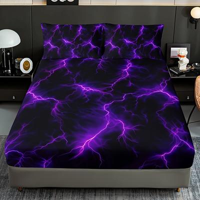 Purple Lightning Bedding Set Fitted Sheet Home Dorm Breathable All-Season Polyester Durable Twill Weave 35cm Height