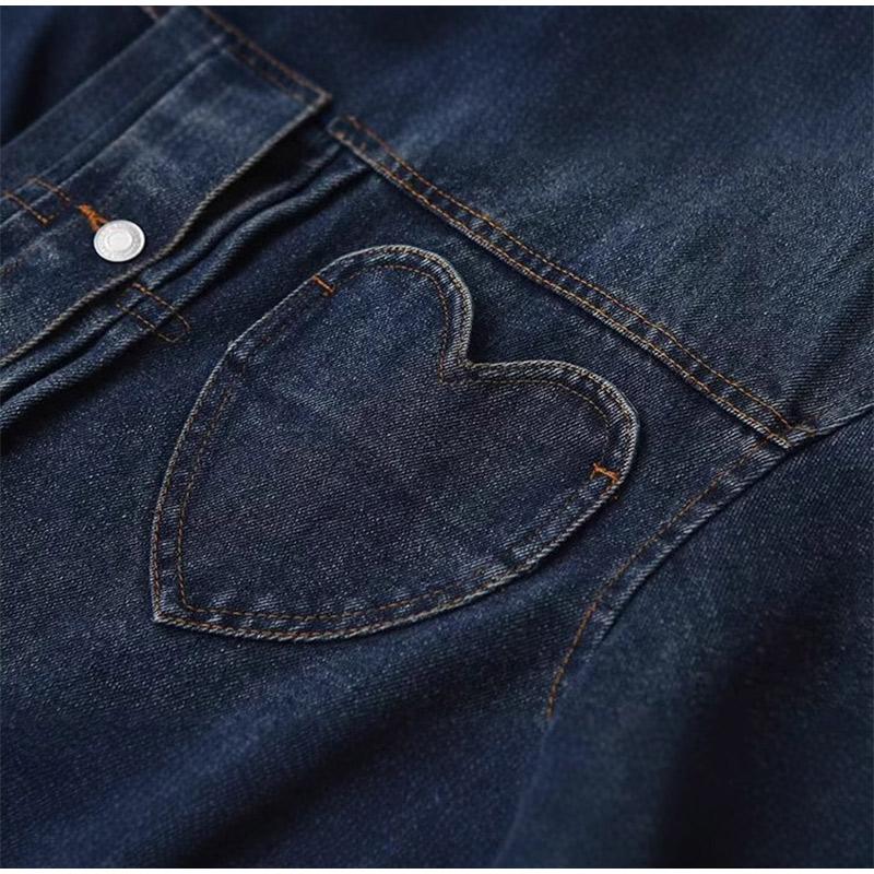 2025 Women Dark Blue Denim Coat Heart Pattern Outerwear Long Sleeve Single Breasted Jacket Spring Female Top Coats