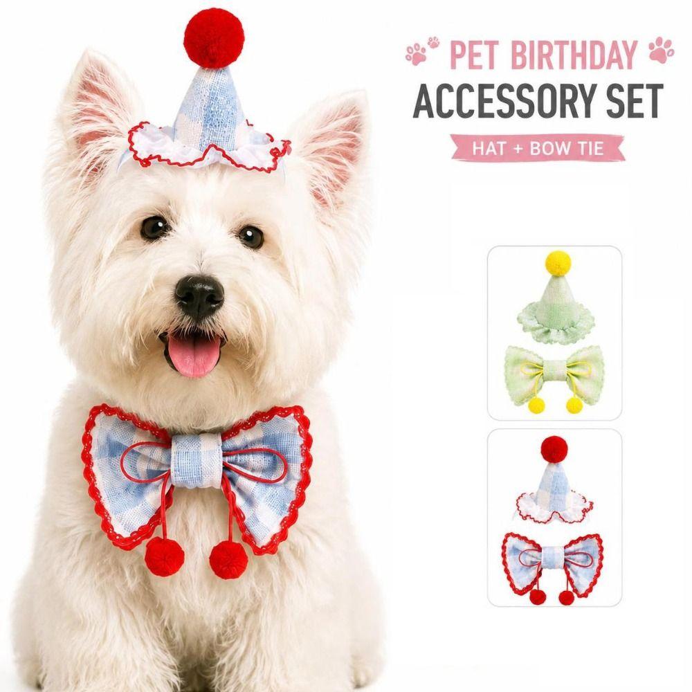 Bow Tie Pet Party Hat Set Drool Towel Pet Photo Prop Cute Pet Accessories For Cat