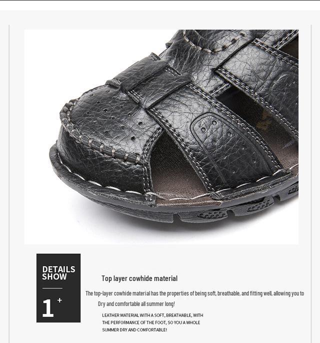 Men's Soft Leather Sandals: Summer Breathable, Non-Slip, Hollowed-Out, Soft Sole Beach Slippers for Students & Middle-Aged Dads