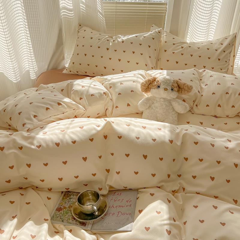 2025 Duvet Set Double Yarn Four-piece Set Class A Aerobic Knitted Cotton Printed Love Bed Cover Skin Friendly Breathable Bedding