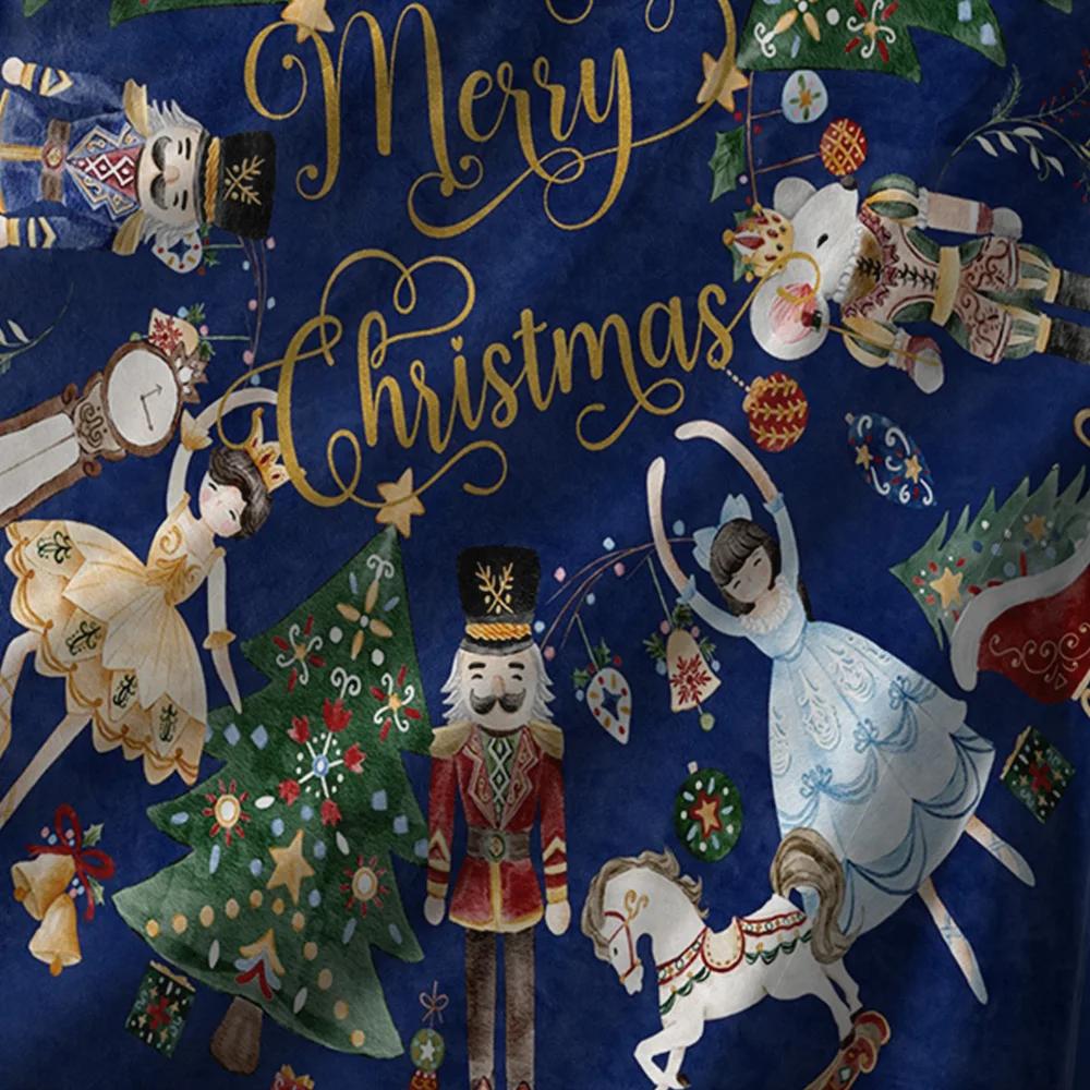 Navy Blue Christmas Fleece Blanket with Gold Lettering, Nutcracker Ballet Dancer Design, Classic Holiday Throw for Sofa Decor