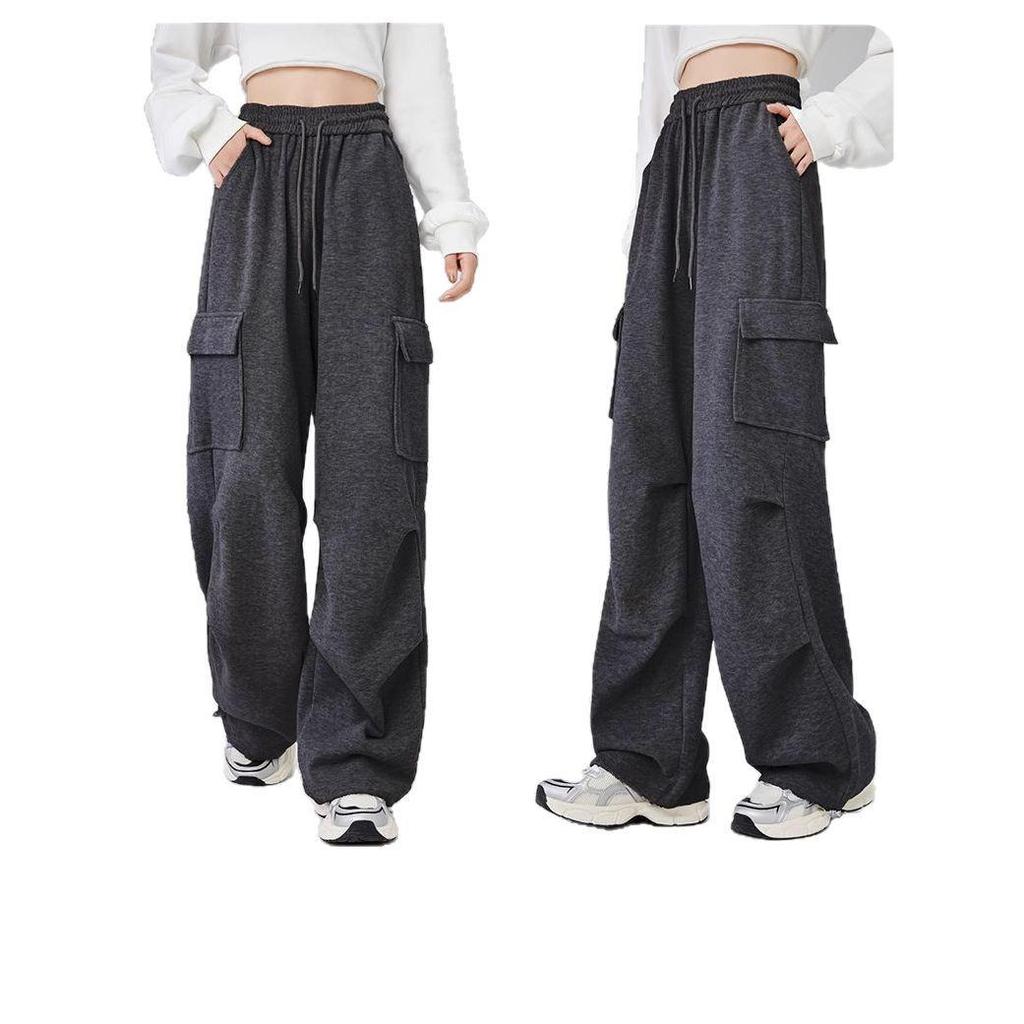 Women's Light Grey High-Waisted Strappy Overalls - Spring/Autumn Wide-Leg Pants with Large Pockets, Casual Sportswear