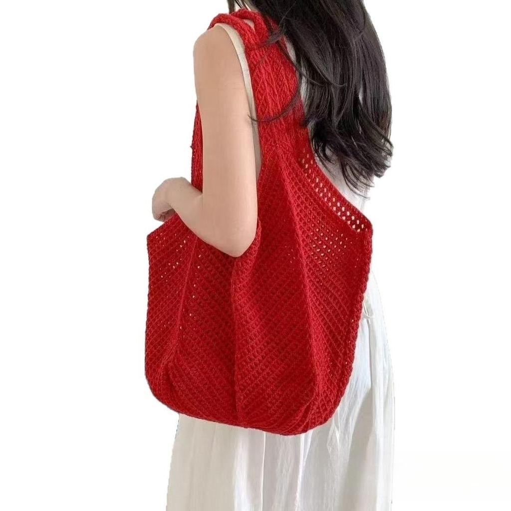 Red Romantic Knitted Shoulder Bag - Retro Mesh Hollow-Out Handbag