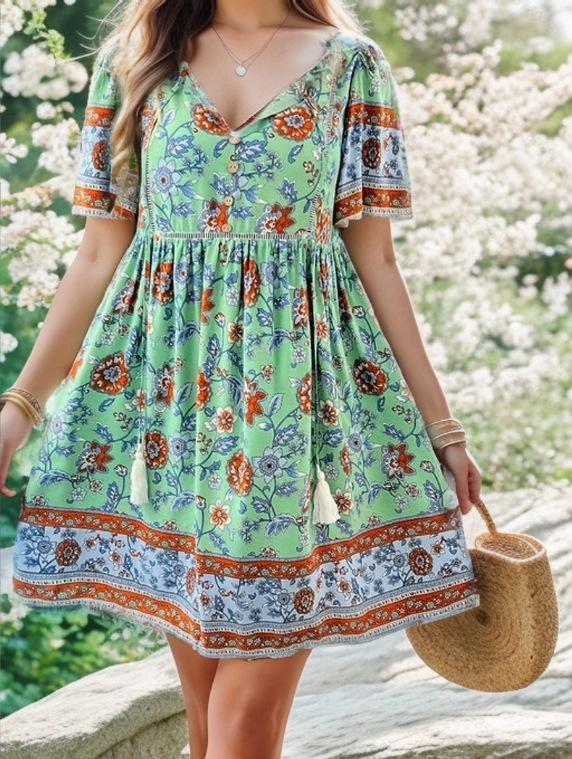 Damen Blumendruck Boho Strand Minikleid Sommer V-Ausschnitt Kurzarm Schnürung Lässige Lose Urlaubskleider Robe Weiblich