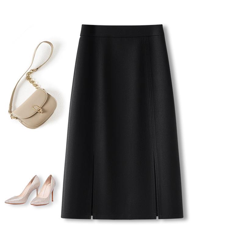 Women s Gray Woolen High-Waisted Mid-Length Split A-Line Skirt - Autumn/Winter Trend S чёрный