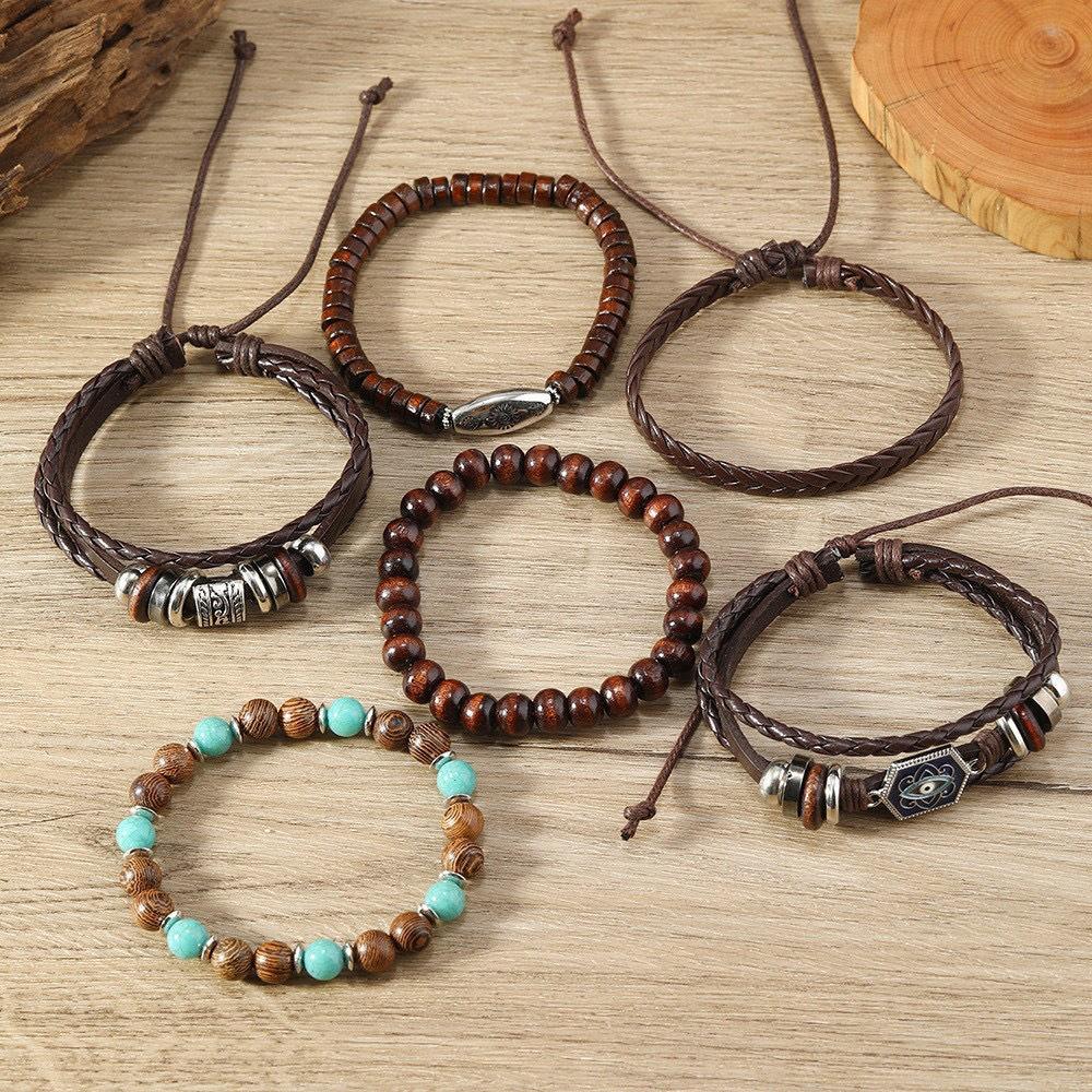 Retro European & American Hexagonal Multilayer Leather Bracelet Set - 6 Pieces