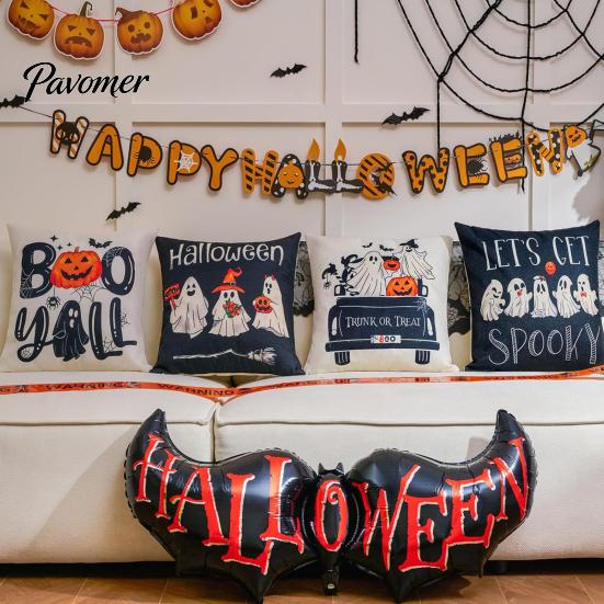 Square Sofa Cushion Protectors Halloween Ghost Cover, Retro Pumpkin Throw Pillow Case, 18x18 Covers Inch Washable Cover for Couch Bed Decor Breathable