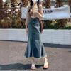 Women's High Waist Raw Hem Denim Mermaid Midi Skirt Two Lengths Petite & Tall Washed Vintage Flared Long Skirt
