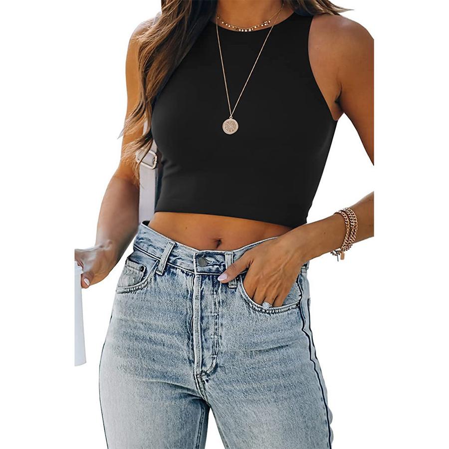 Novo Top Camiseta Cami Sem Mangas Gola Redonda Halter Cor Sólida Wish Verão para Mulheres