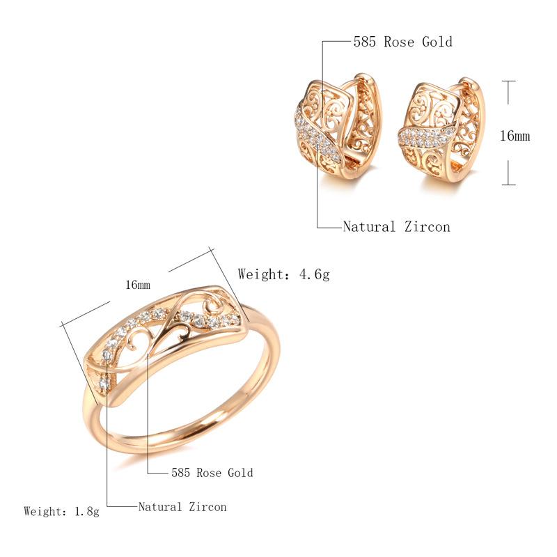Ouro Rosé 585 Zircônia Joias Brincos Anel Conjunto de Joias de Duas Peças